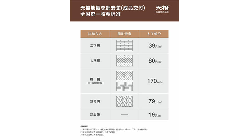 天格地板公布總部負責(zé)安裝(成品交付)全國統(tǒng)一收費標準